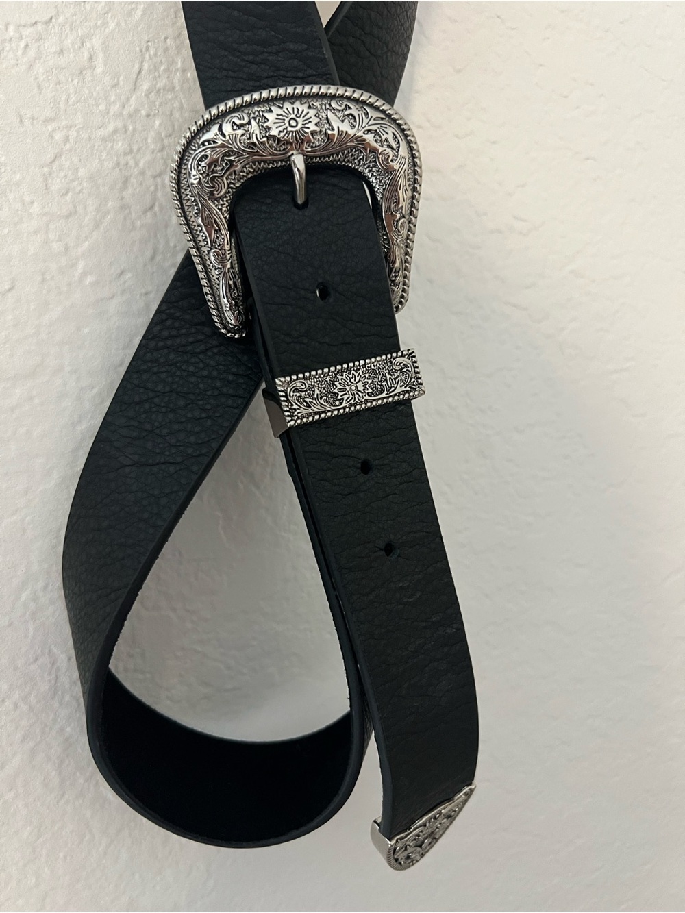 B-Low the Belt Black Leather Western Buckle Belt with Ornate Silver Hardware - Picture 2 of 5